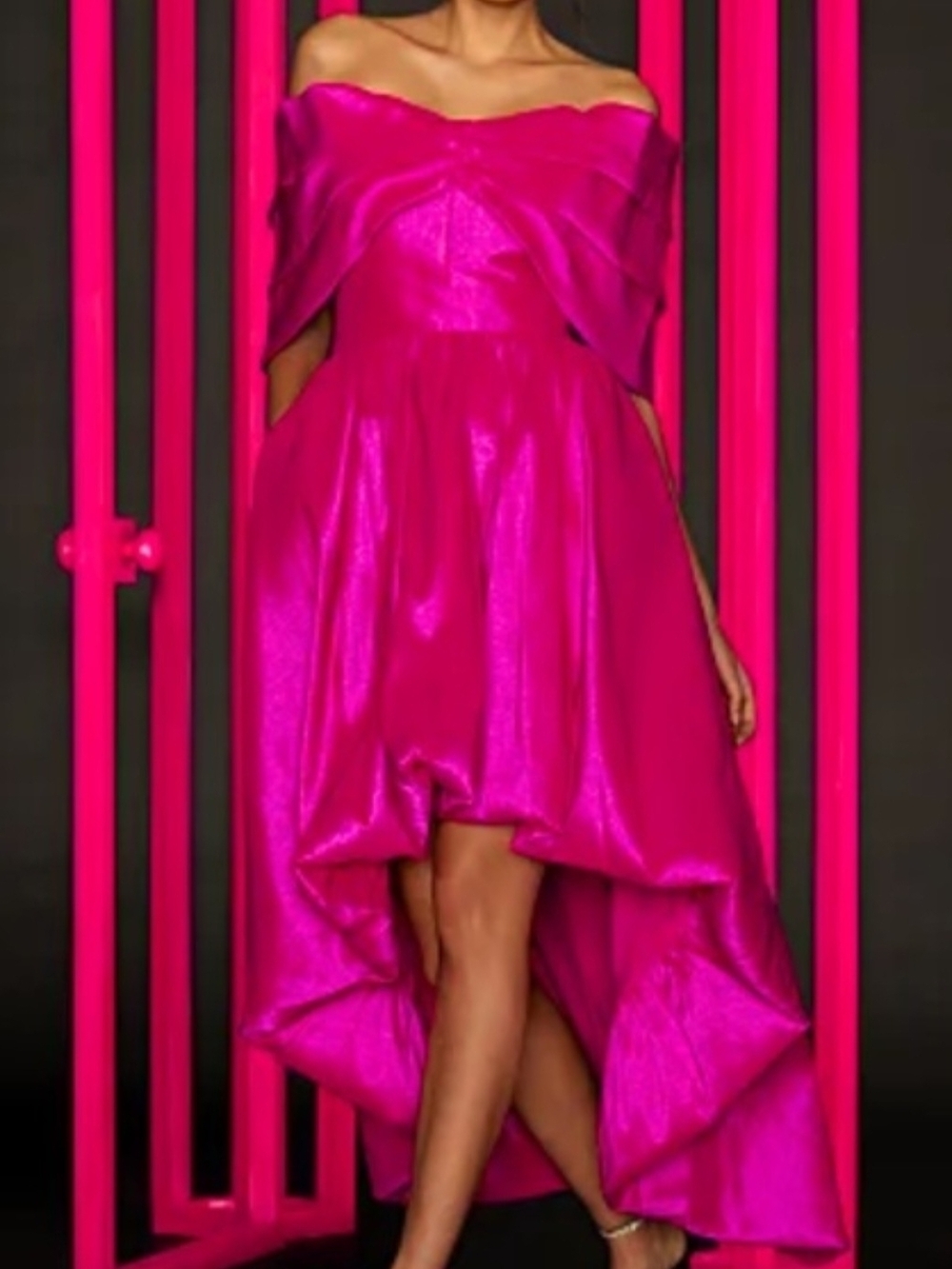 New York & Company Shimmery Fuchsia Off-Shoulder High-Low Dress
